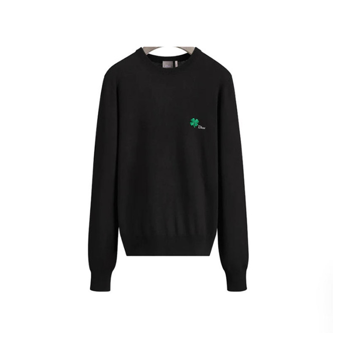 dior solid color four-leaf clover embroidered crew neck knit sweater